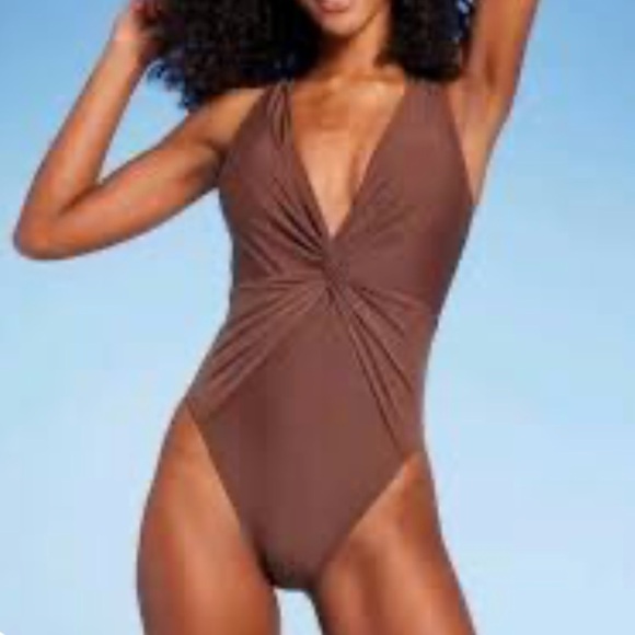 Shade & Shore Chocolate One-Piece twist front plunge Swimsuit - Picture 1 of 5